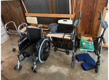 Group Of Medical Items Including Wheel Chair, Walkers, Ect