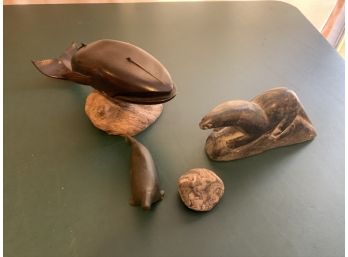 Collection Of Wood Items And Carved Stone Inuit Seal