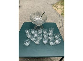 Pressed Glass Punch Bowl Set With 36 Clear Glasses And A Ladle