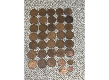 Collection Of Copper English Pennies And Other Tokens