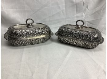 Rare Matched Pair Of Theodore B Starr Sterling Silver Covered Repousse Dishes 62.7 Ozt