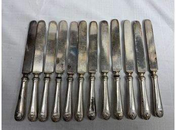 Set Of 12 Whiting Mfg. Bead Pattern Weighted Butter Knives With Sterling Silver Handles