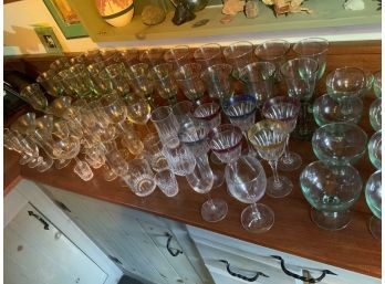 Large Lot Of Glassware With Colored And Assorted Stemware