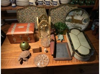 Decorative Lot With Antique Syrup, Inlaid Box, Art Pottery, And More