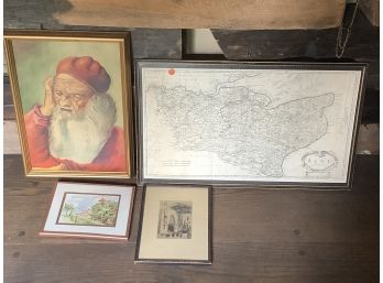 4 Pieces Of Art Including Early Map And Monk Oil Painting