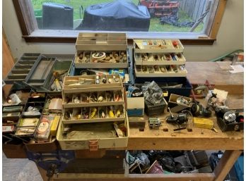 Large Assorted Fishing Lot Including 5 Tackle Boxes Full Of Reels, Lures, Weights, Hooks, Etc.