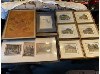 9 Pieces Of Art Including Etchings, Prints And Oil On Canvas Copy Of Van Gogh