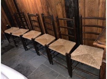 6 English Oak Side Chairs With Rush Seats