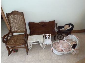Child Size And Doll Furniture, The Childs Rocker Has A Cane Seat And Back, Dolls Included