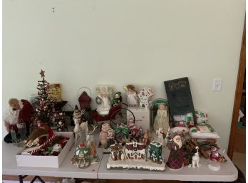 Christmas Decorations Including Boyd's Bear Santa, Clock, Fenton Votive Candlestick Holder Signed, Etc