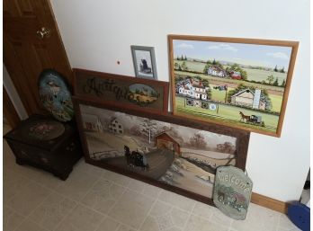 Contemporary Art And Country Lot Including A Trunk And Amish Wall Hanging