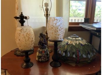 Miscellaneous Lot Including A Contemporary Leaded Dragonfly Lamp Shade And Lamp, Candlesticks With Shades, Etc
