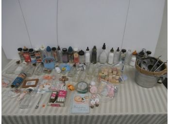 Large Lot Of Vintage Glass Nursing Baby Milk Bottles, Wooden Blocks, Dolls And Related Items