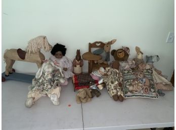 Raikes Bear With Wood Face And Paws And Assorted Easter Collectible Dolls Ans Bears And 1 Sleeping Santa