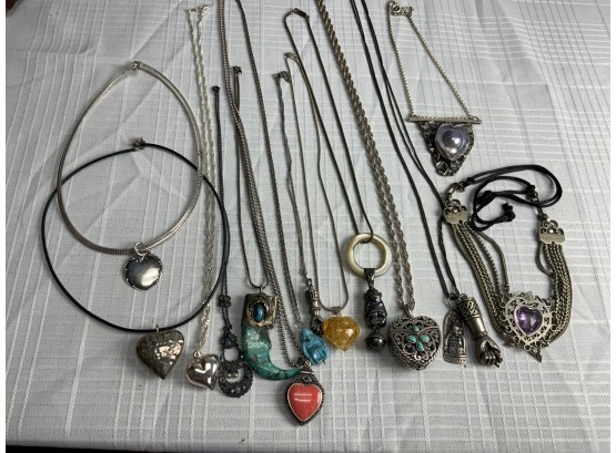 14 Silver Necklaces With Charms Various Stones Including Turquoise 284.3 Grams