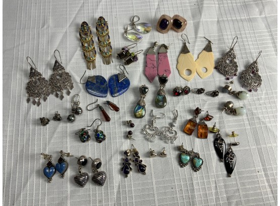 26 Pairs Of Earrings A Mix Of Stones And Sterling