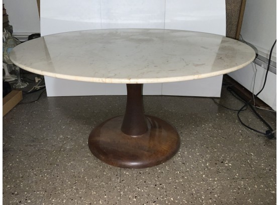 Mid Century Round Travertine Top Coffee Table With Teak Base