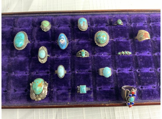 15 Sterling Silver Turquoise And Glass  Rings Including Some Signed 88.6g