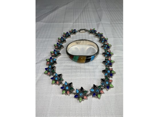 Mexican Sterling Gemstone Necklace And Bracelet 142.9g