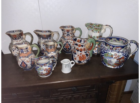10 Signed Ironstone Pitchers Assorted Makers Such As Fenton And B&B