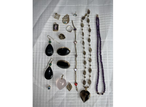 14k Gemstone Necklace, Bracelet, Earrings And Pendant Lot 96.0g