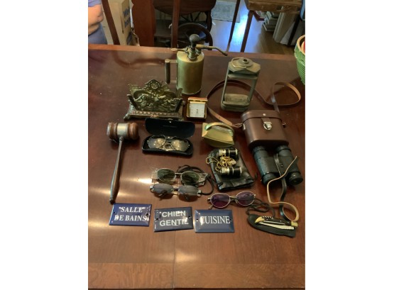 Grouping Of Glasses, Desk Items, Binoculars, And More