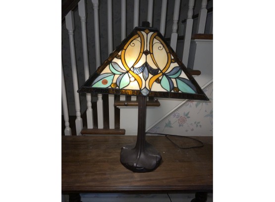 Reproduction Leaded Glass Table Lamp With Tree Trunk Style Base