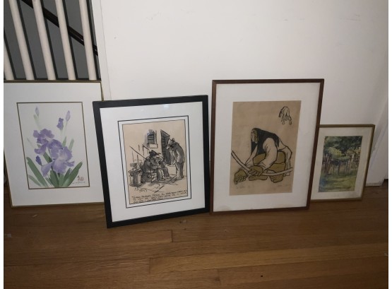 4 Original Paintings Or Woodblock C.F. Chiang, H. Harris, James Duppery And 1 Illegible