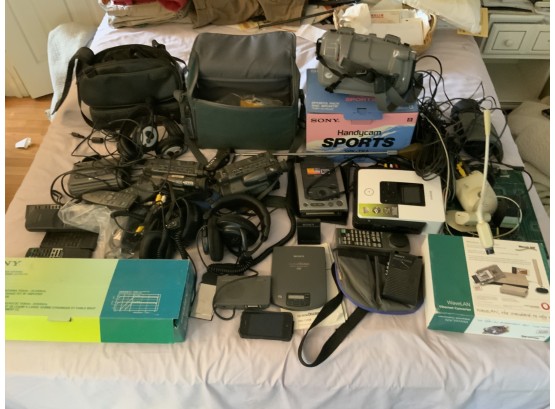 Large Electronics Lot Including Headphones, Remotes, Microphones For Computers, Camcorders, Sony Discman, Etc.