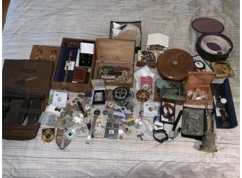 Mens Jewelry And Dresser Items Including Car Related Pins, Patches, Knives, Watches, Travel Case And More