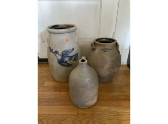 3 Stoneware Jugs Or Crocks Including A 4 Gallon SB Bosworth With Blue Bird Decoration With A Crack, Etc.