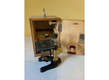 Earnest Leitz Wetzlar Microscope  With Brass Accents With Fitted Wooden Box