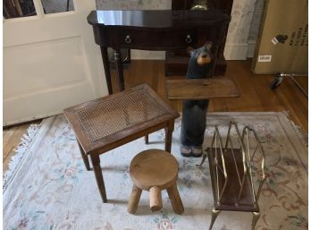 A Cedar Stool, Stand, Magazine Rack, Wood Carved Bear And More