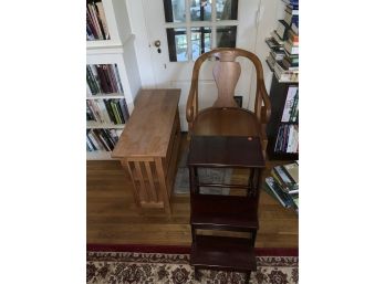 3 Pieces Of Furniture Including An Oak Bookcase, Arm Chair And A Mahogany Step Stool
