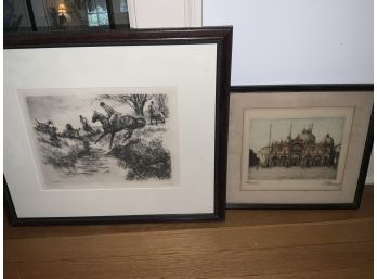 2 Signed Etchings, 1 Is Hand Colored The Other Is A Fox Hunt Scene