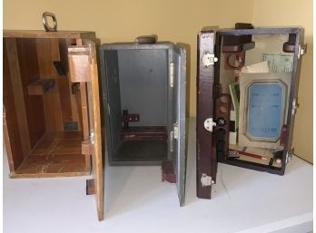 3 Empty Vintage Microscope Cases Including Some Accessories