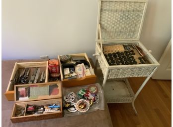 Button, Patch And Sewing Accessories With A Wicker Sewing Stand