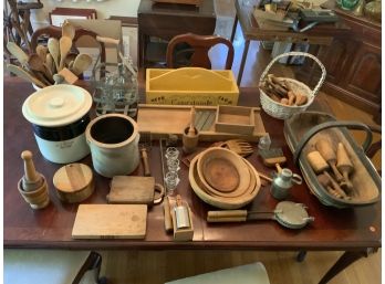 Assorted Country Items Including Wood Bowls, Spoons, Utensils, 2 Crocks, Milk Containers And More