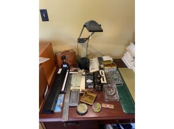 Assorted Desk Top Items Including Pens, Rulers, Desk Light, Glass Ashtray And More