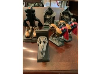 4 Pairs Of Assorted Bookends, Cast Iron, Marble, Bronze, Etc.