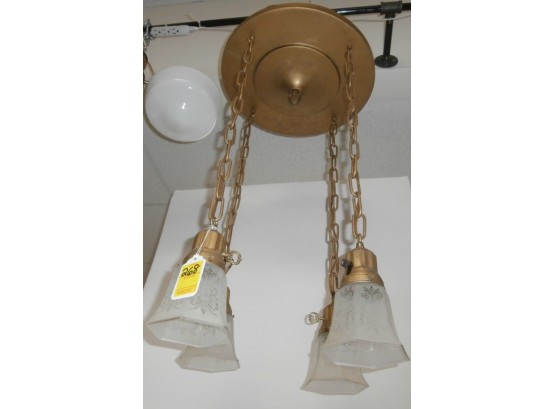 Antique 4 Drop Ceiling Fixture With Acid Etched Shades