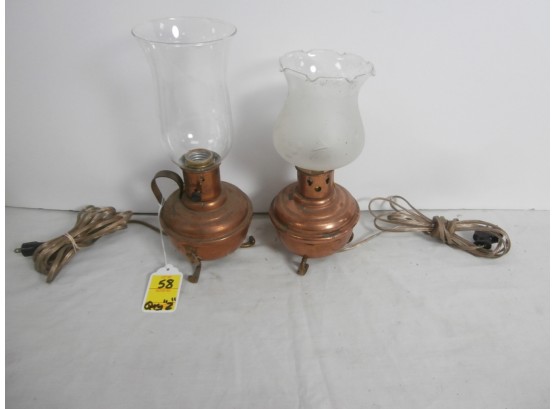 Two Copper Bodies Brass Footed Lamps With Glass Shades