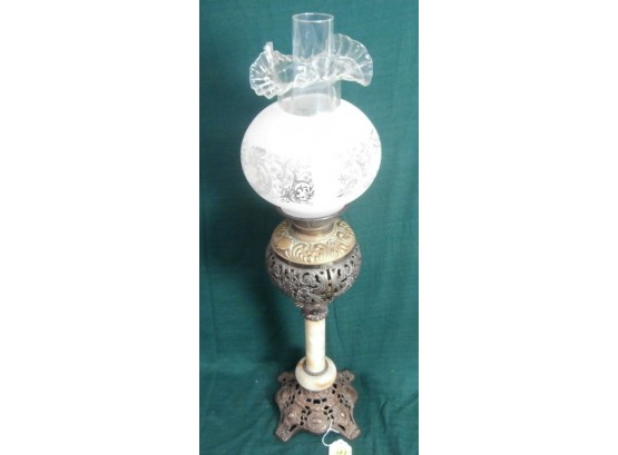 Antique Banquet Lamp With A Acid Etched Shade And Alabaster Base
