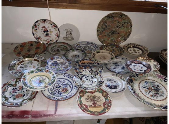 24 Plates, Platters Or Bowls Of Transfer-ware Mostly English