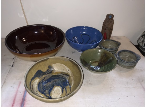 7 Pieces Of Studio Pottery Including Bowls And Candleholder