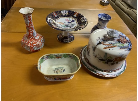 5 Piece Lot Of Ironstone Transferware  Including A Cheese Dish, Compote And Vases