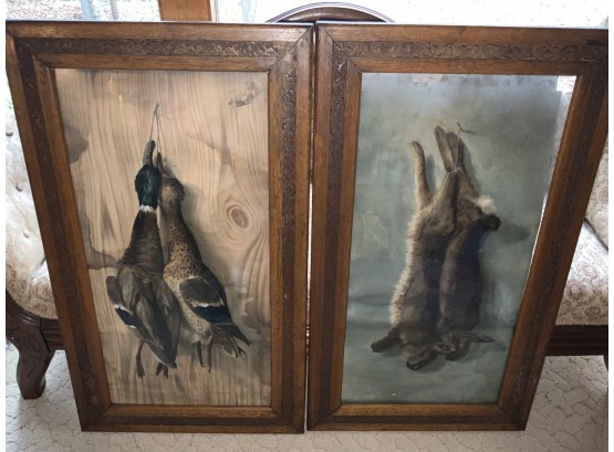 2 Victorian Hunting Prints Of Mallards And Rabbits