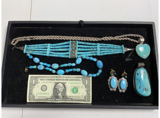 Sterling And Turquoise Lot Including A Choker, Earrings, A Large Pendant And More 8.7 Ozt