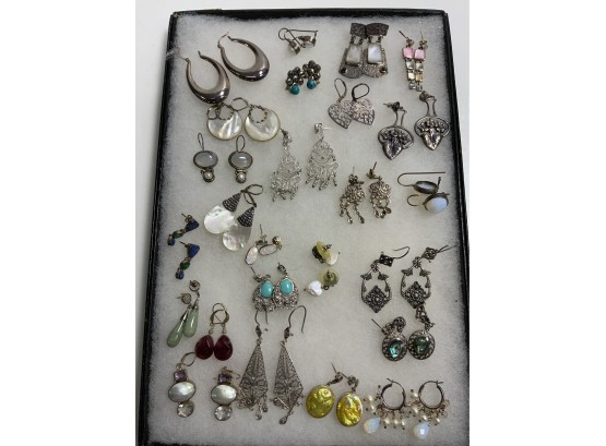 25 Pairs Of Sterling Earrings Including Some With Gem Stones 5.8 Ozt