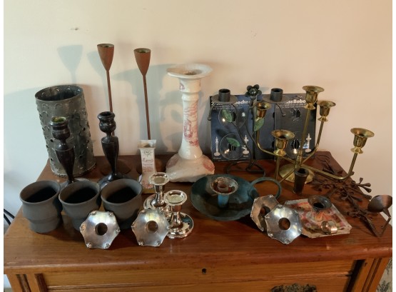 Assorted Wood And Metal And Porcelain Candlesticks